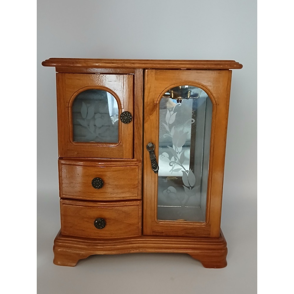 Vintage Wooden Jewelry Box Armoire Style Frosted Glass Doors Mirror 2 Drawers